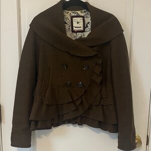 Anthropologie Elevenses Brown Ruffled Pea Coat size 2